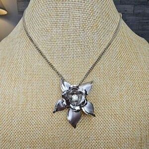 Vintage Silver Tone Pin Brooch Pendant Flower w/ Rhinestone Center 16"L